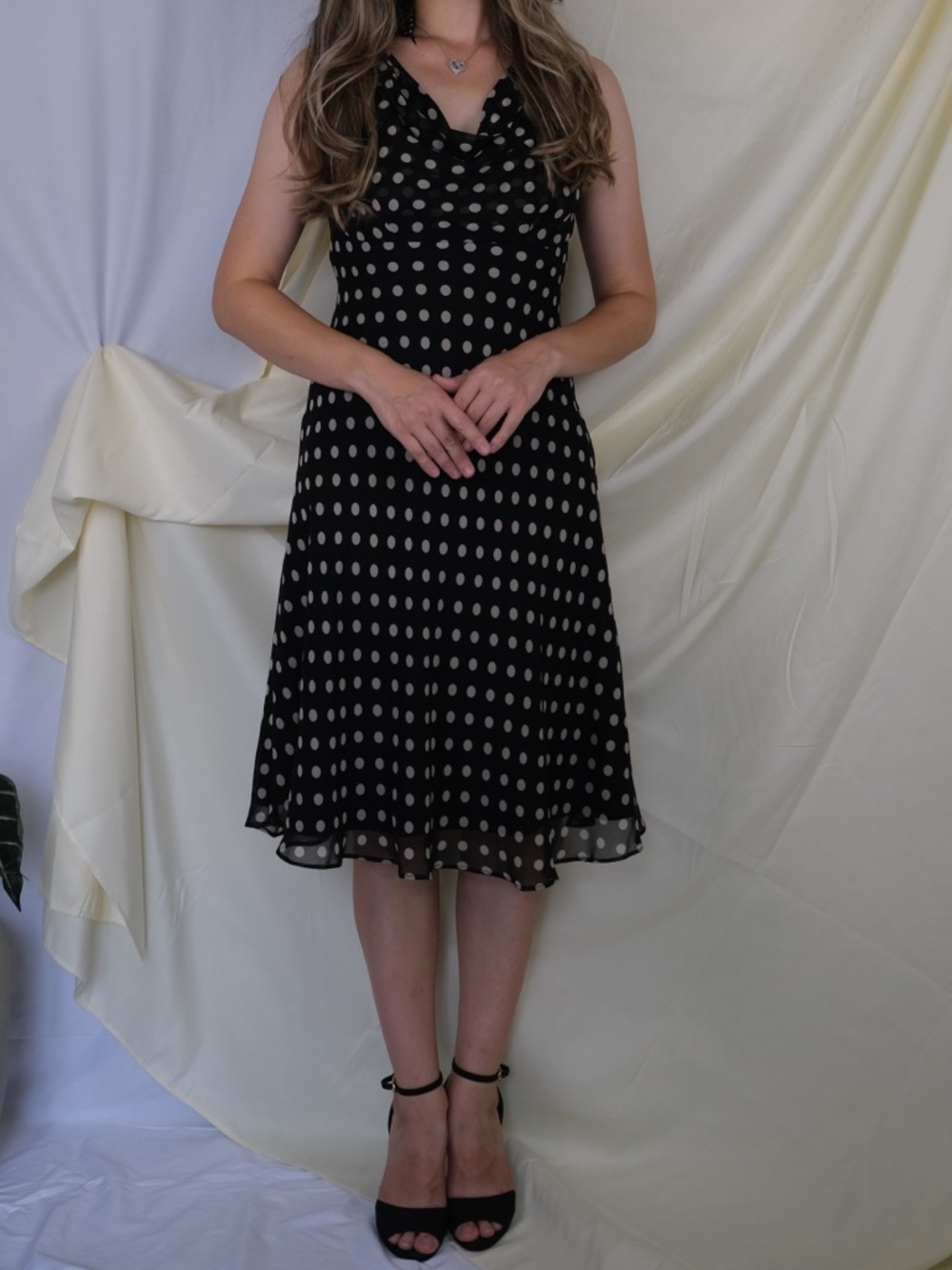 Silk Donna Ricco Black Dress with White Polka Dots - Sleeveless Midi